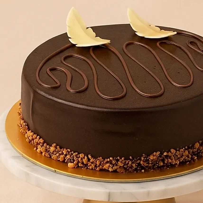 Bánh kem socola trang trí sốt chocolate và cánh hoa màu trắng