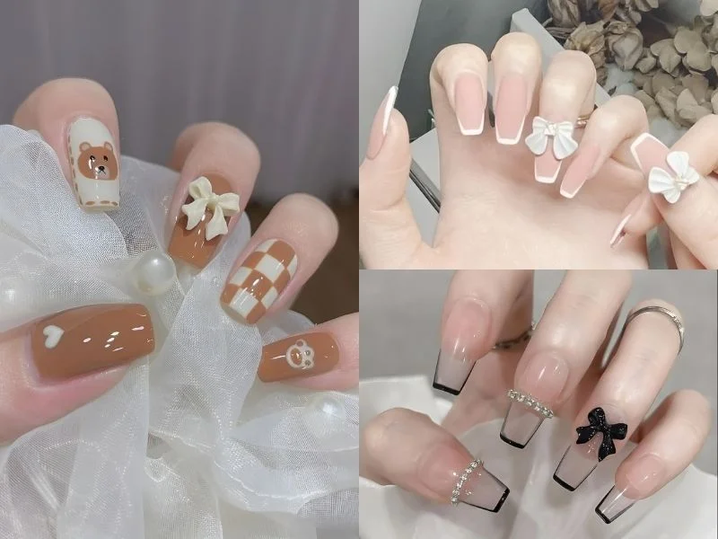 Mẫu nail tay đính nơ xinh xắn