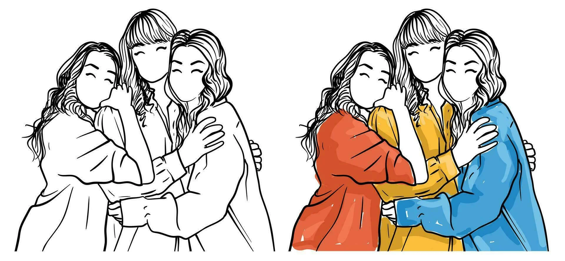 Minh họa ba cô gái ôm nhau, gồm phiên bản nét đen và phiên bản tô màu.