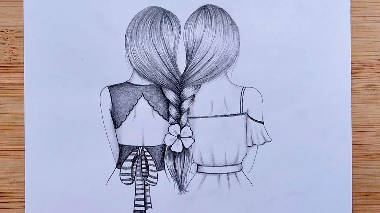 Tranh phác họa hai cô gái tóc tết tạo dáng nhìn từ phía sau