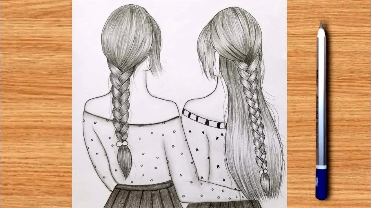 Tranh chì hai cô gái tóc tết nhìn từ phía sau
