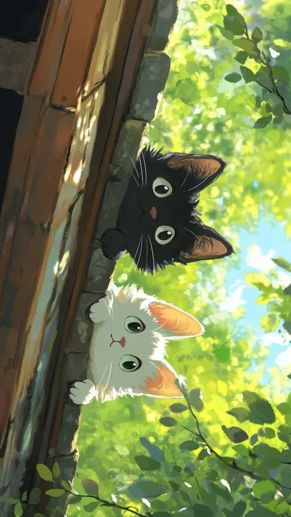 Hình nền iPad cute hai chú mèo dưới tán cây