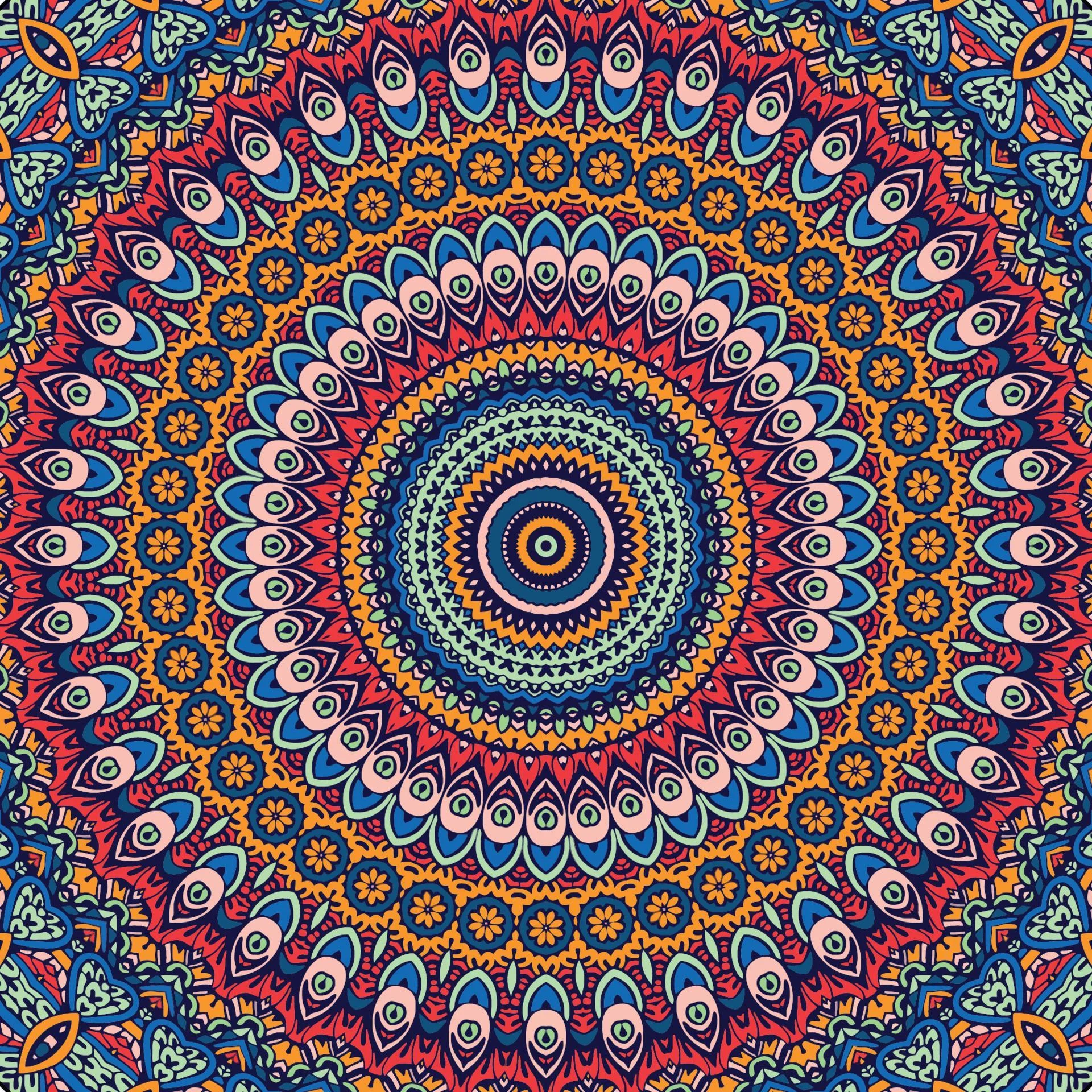 Họa tiết mandala nhiều màu sắc dùng làm decor phòng ngủ, nổi bật với bố cục tròn đối xứng và hoa văn nghệ thuật