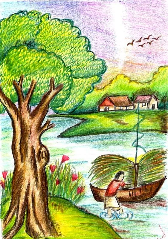 Ảnh hoa hồng và phong cảnh làng quê ven sông với cây cổ thụ, hoa đỏ hồng và người chèo thuyền