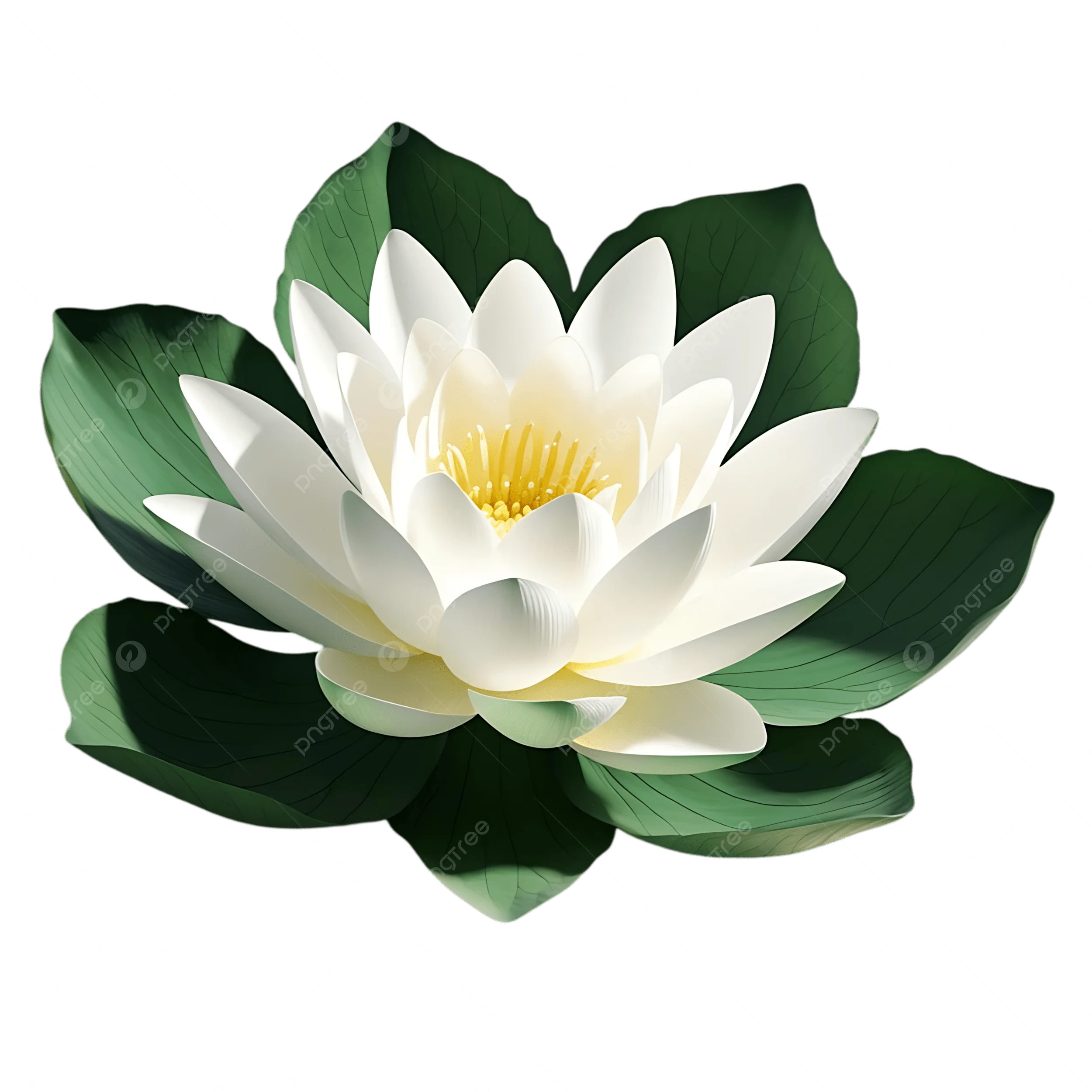 Hình ảnh Một Bông Hoa Sen Trắng Thanh Bình Với Trung Tâm Màu Vàng được Bao Quanh Bởi Những Chiếc Lá Màu Xanh Lá Cây Tươi Tốt Trên Nền Trong Suốt PNG ,