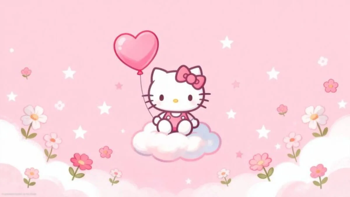 hình nền hello kitty dễ thương ngồi trên mây hồng cầm bóng bay trái tim