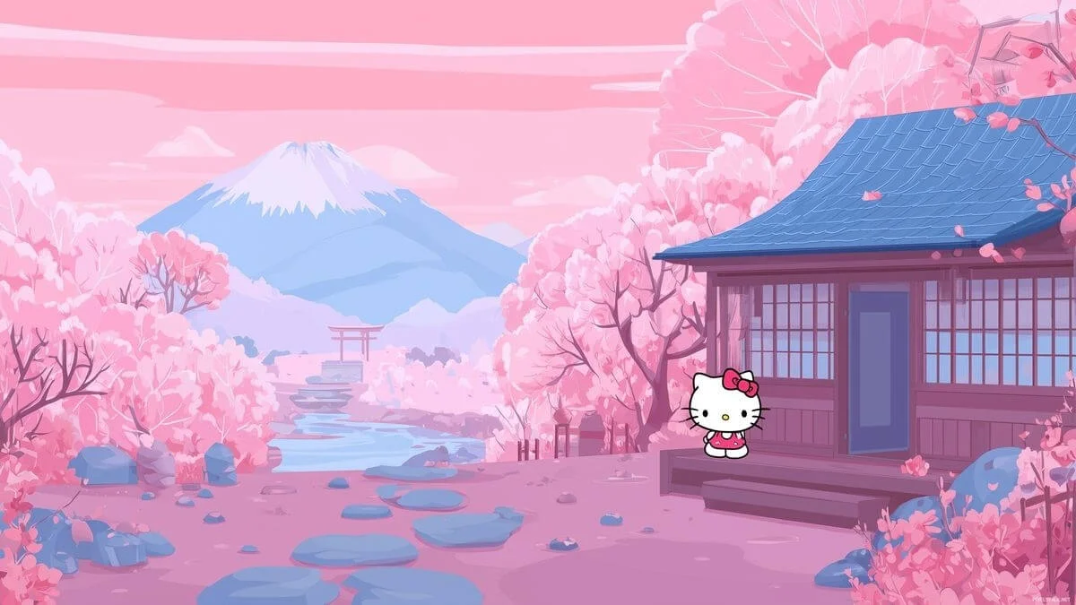 hình nền hello kitty phong cảnh Nhật Bản hoa anh đào