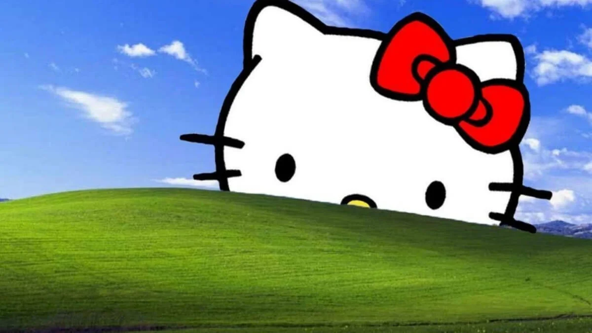 hình nền hello kitty thò đầu đồi cỏ xanh