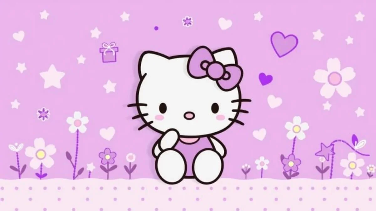 hình nền hello kitty dễ thương nền tím hoa lá