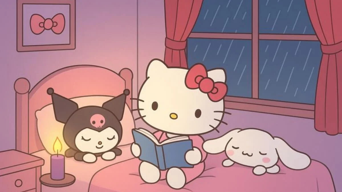 hình nền hello kitty dễ thương Hello Kitty đọc sách cùng Kuromi và Cinnamoroll trong phòng ngủ ấm áp ngày mưa