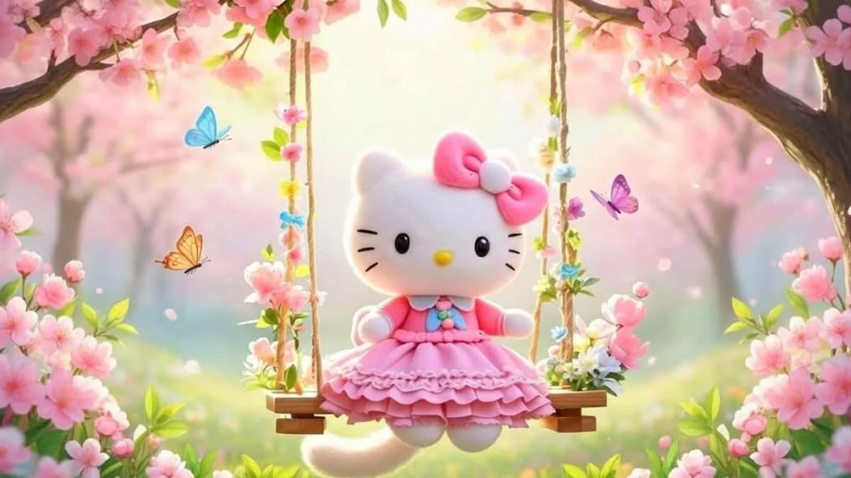 Hình nền Hello Kitty mặc váy hồng ngồi trên xích đu giữa vườn hoa anh đào mùa xuân