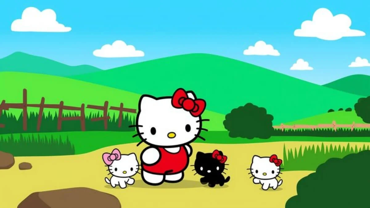 hình nền hello kitty gia đình trên đồi xanh