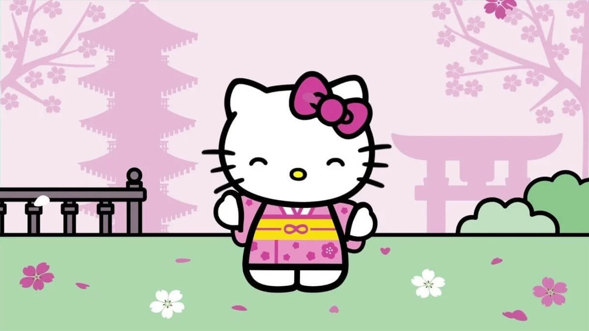 Hình nền hello kitty mặc kimono hồng dễ thương trong khung cảnh Nhật Bản