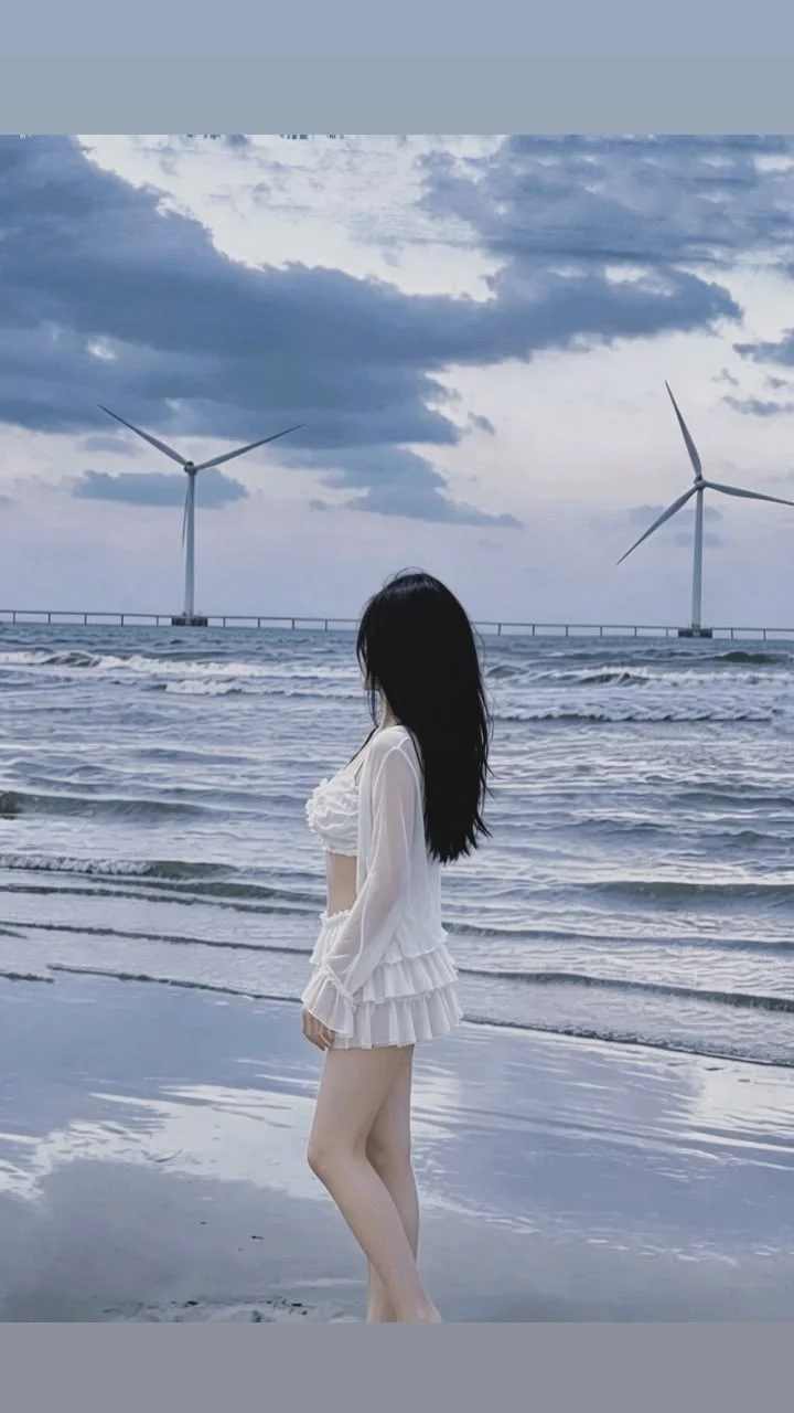 Gái xinh che mặt ngắm hoàng hôn trên bãi biển có điện gió