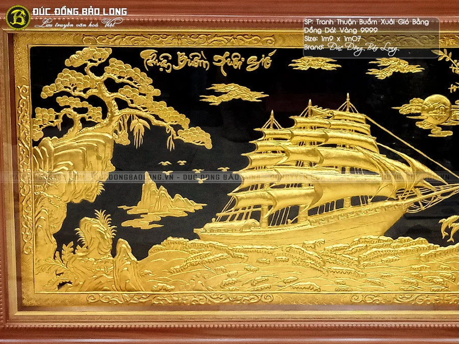 Tranh Thuyền Buồm Bằng Đồng Dát Vàng 9999 Khung Gỗ Gõ Đỏ 1m9-1m07