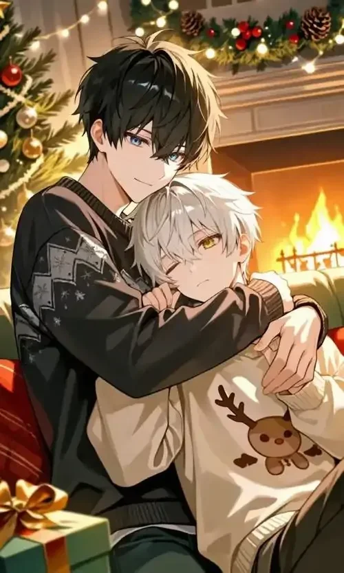 Hai chàng trai anime ôm nhau trong không gian Giáng sinh, minh họa cho từ khóa sẽ gầy không