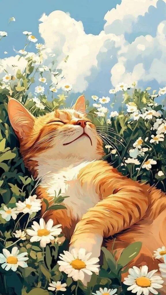 Mèo cam thư giãn giữa cánh đồng hoa