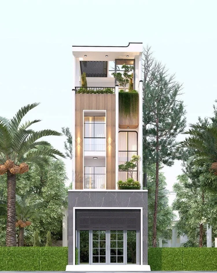 Mẫu nhà 4 tầng đẹp, hiện đại và gần gũi với thiên nhiên