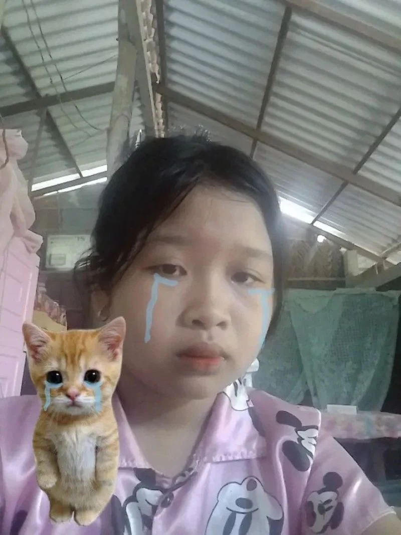 cô gái buồn với sticker mèo con
