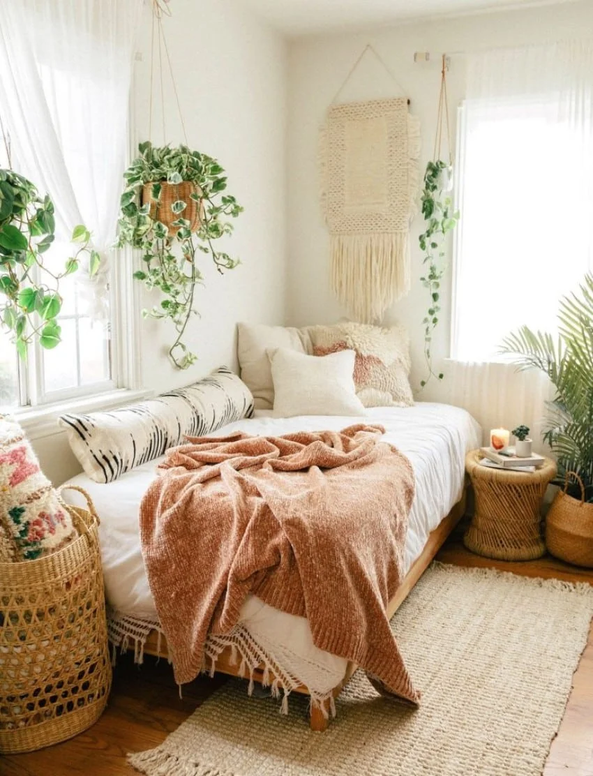 Góc phòng ngủ decor phong cách boho với nhiều cây xanh