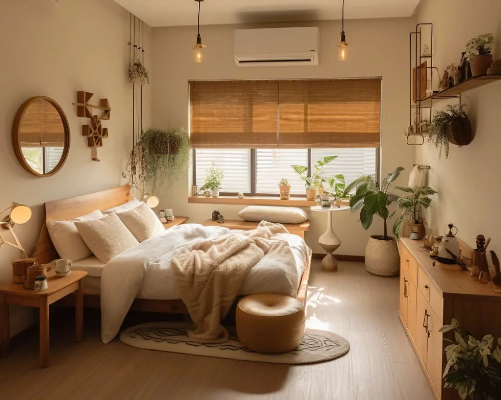 decor phòng ngủ phong cách tối giản hiện đại với nhiều cây xanh và nội thất gỗ
