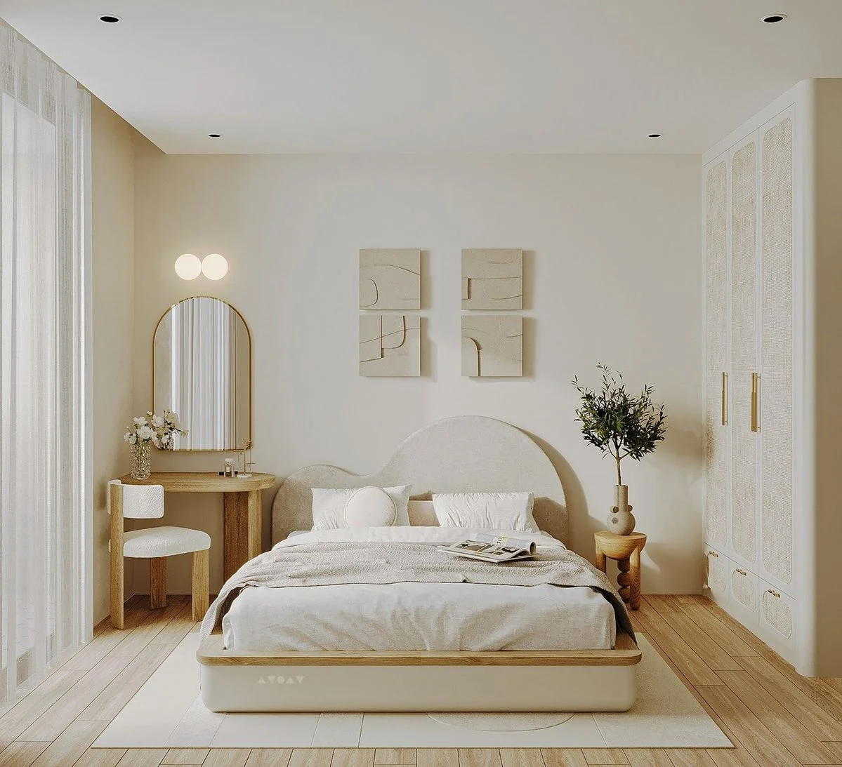 Decor phòng ngủ hiện đại với tông màu trung tính và nội thất gỗ sang trọng.
