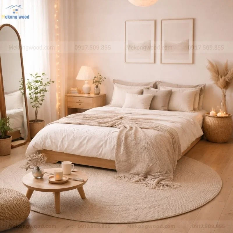 Mẫu decor phòng ngủ phong cách tối giản với nội thất gỗ và tone màu ấm áp