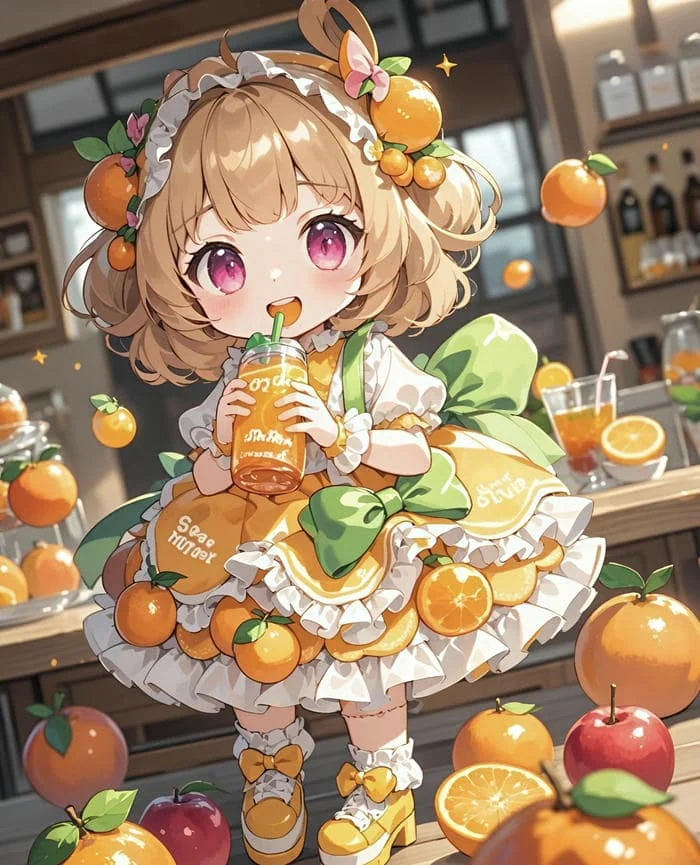 Ảnh dễ thương của một cô bé anime mặc váy hình quả cam trong quán cà phê