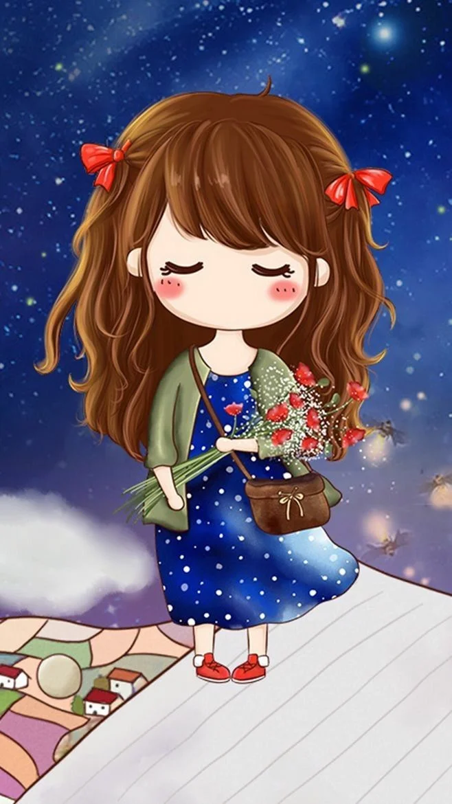 Ảnh dễ thương về cô gái chibi ôm bó hoa dưới bầu trời sao lung linh