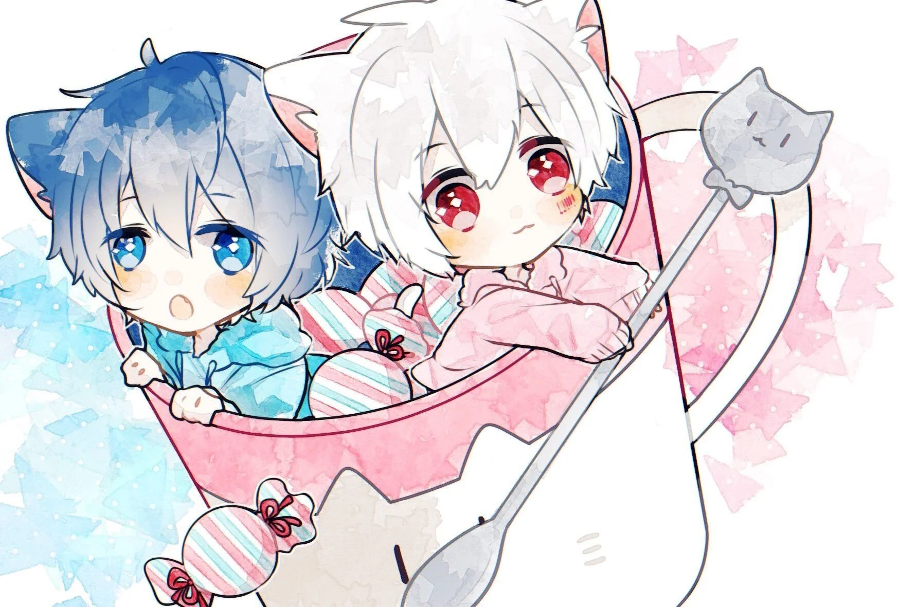 Ảnh dễ thương với hai nhân vật anime chibi tai mèo ngồi trong tách trà màu hồng