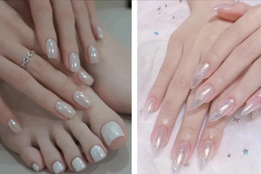 Nail tráng gương ngọc trai tạo vẻ bóng mịn, sang trọng