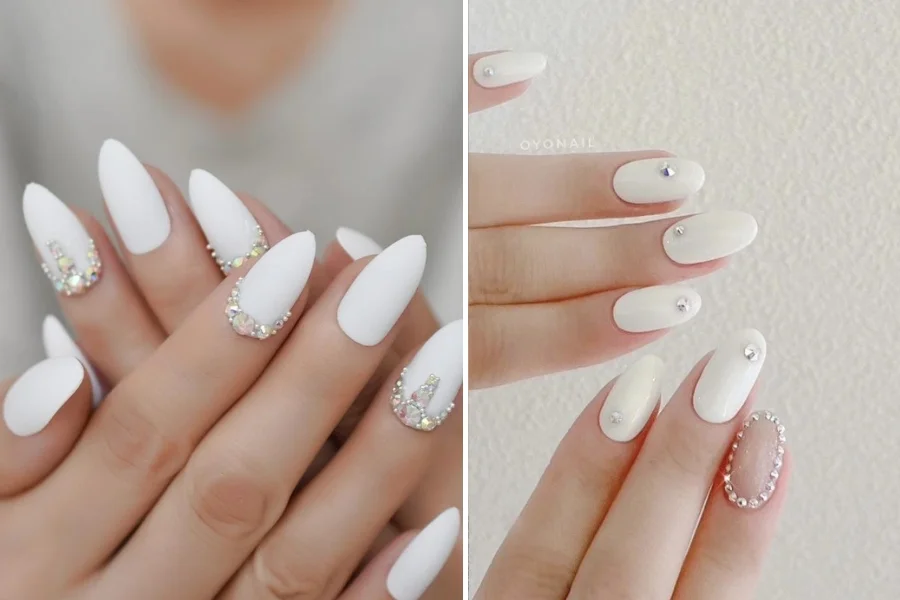Nail trắng sữa với đá nhỏ, tinh tế và thanh lịch