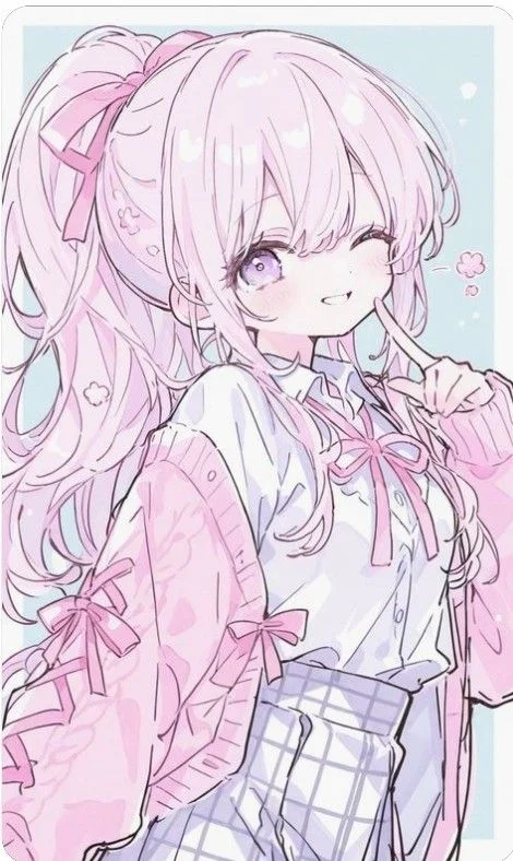 hình ảnh anime nữ cute với mái tóc hồng và phong cách thời trang ngọt ngào