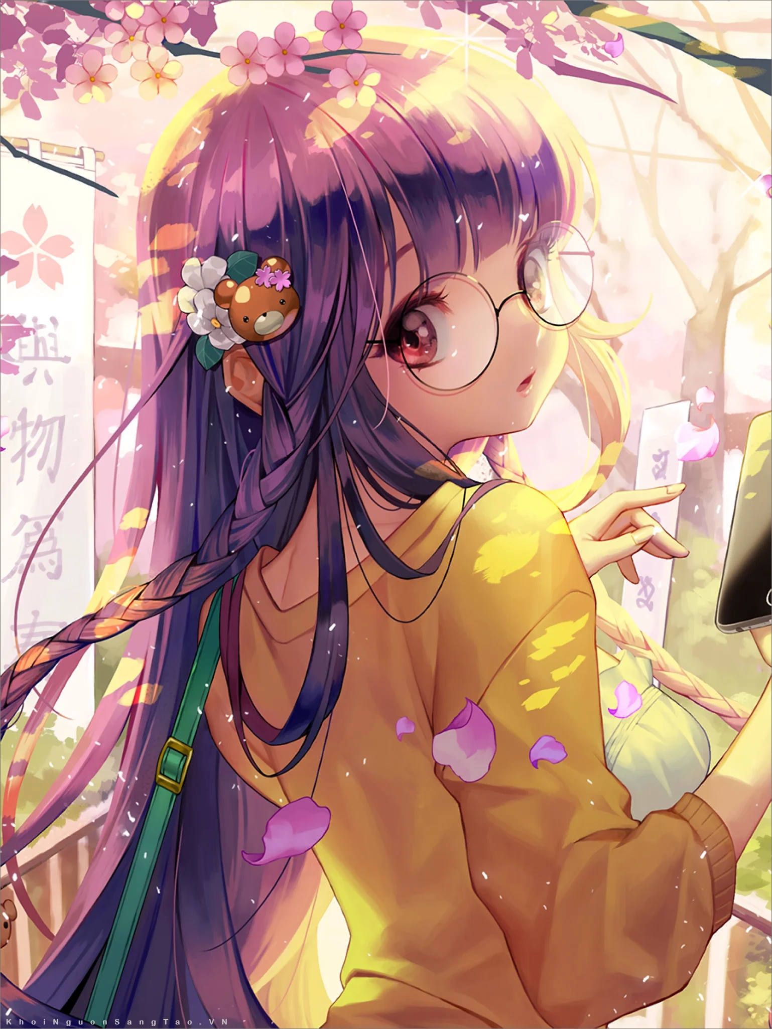 hình ảnh anime nữ cute đeo kính xinh xắn dưới hoa anh đào