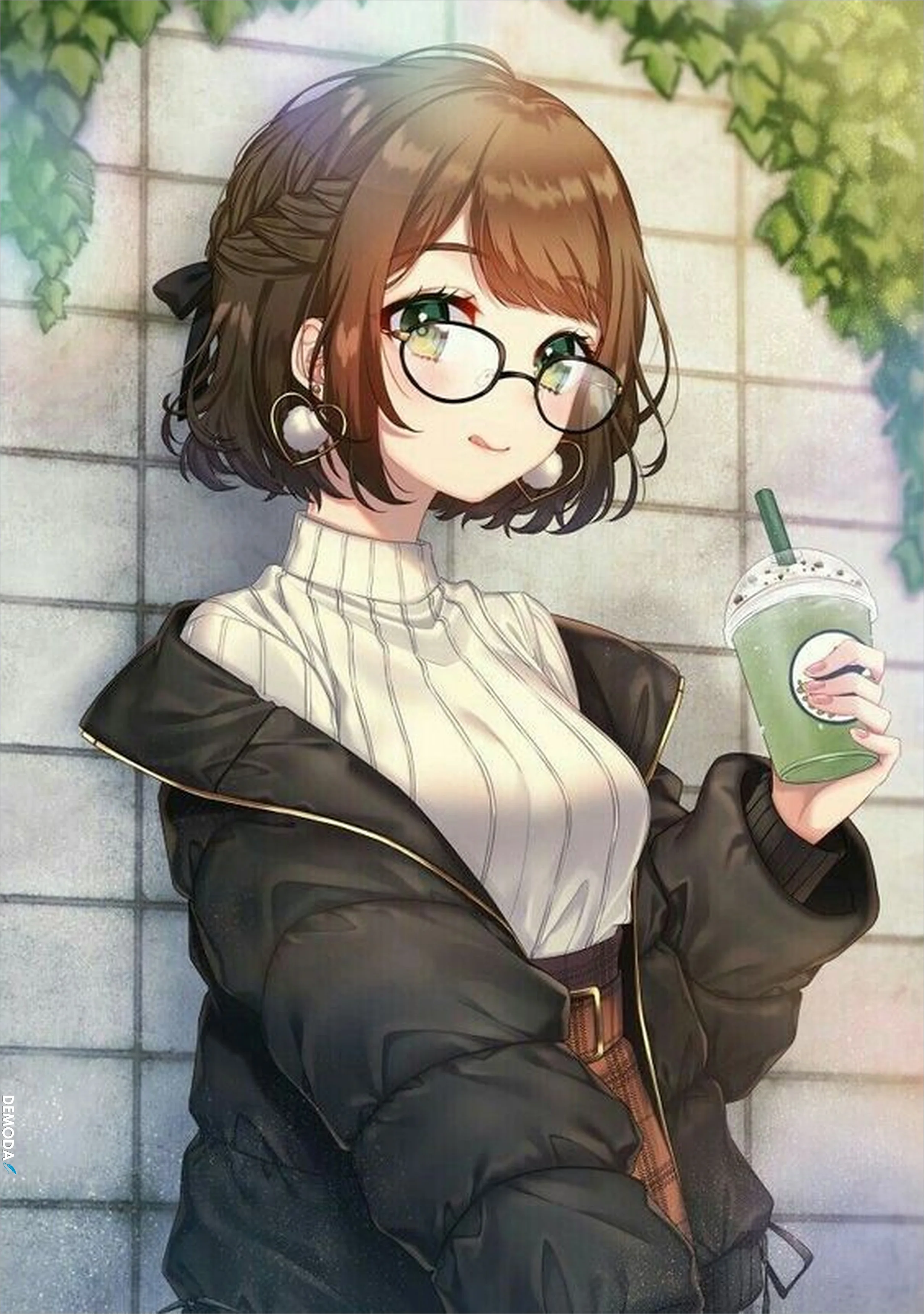 Hình ảnh anime nữ cute đeo kính cầm cốc nước