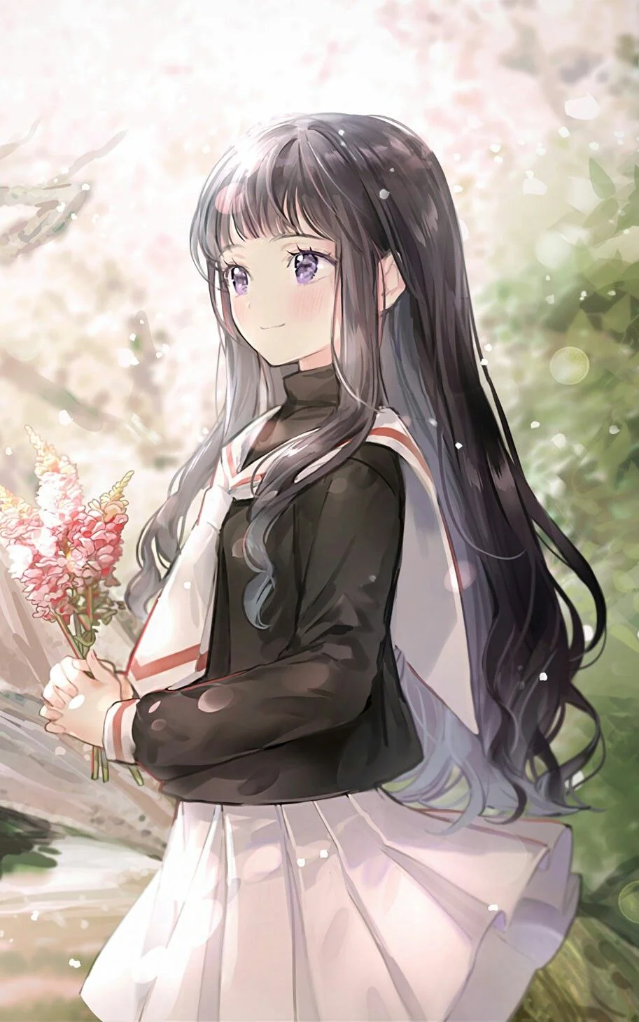 Hình ảnh anime nữ cute tóc dài cầm hoa