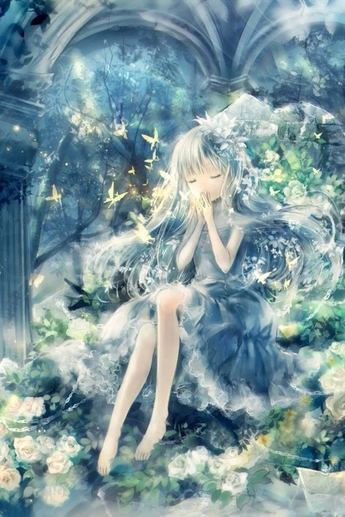 hình ảnh anime nữ cute với mái tóc dài và những cánh bướm lung linh trong khu vườn hoa