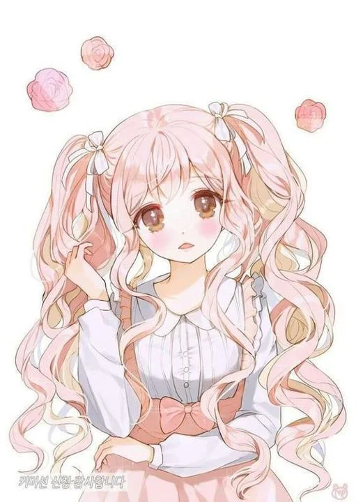 hình ảnh anime nữ cute với mái tóc hồng bồng bềnh và phong cách dễ thương