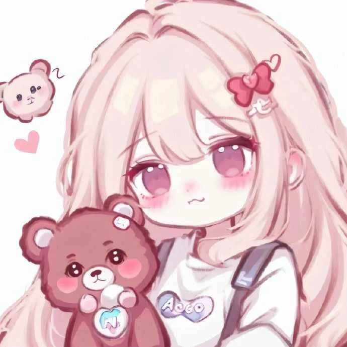 hình ảnh anime nữ cute với mái tóc hồng và gấu bông đáng yêu